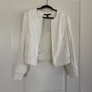 White House Black Market Cream Bomber Jacket with Sleeve Ruching